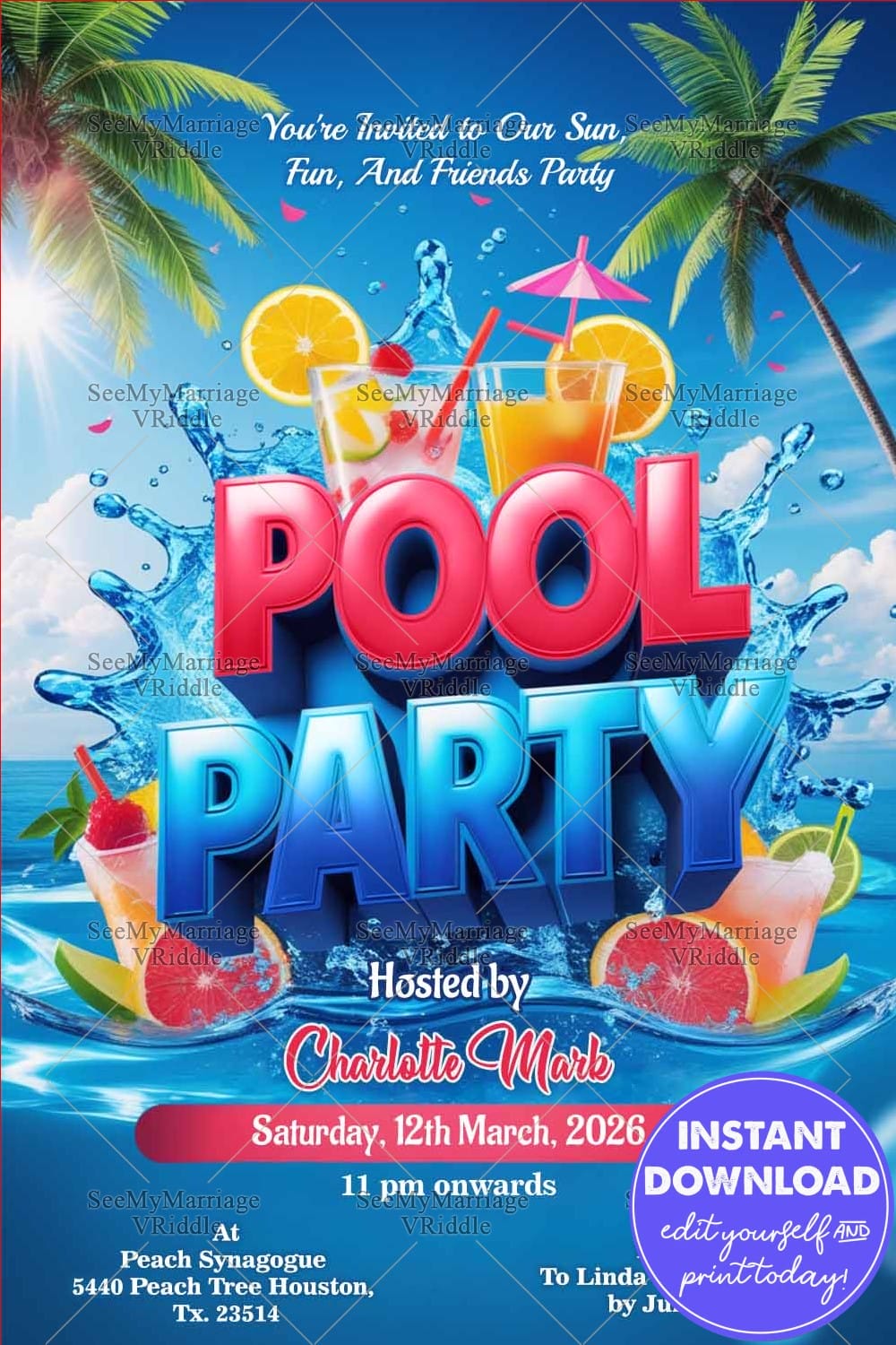 Sparkling Water Pool Party Invitation with Blue Sky, Drinks and Palm Trees
