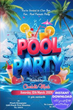 Sparkling Water Pool Party Invitation with Blue Sky, Drinks and Palm Trees