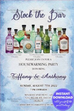 Stock The Bar Housewarming Party Invitation and Cocktail Party with Blue Theme