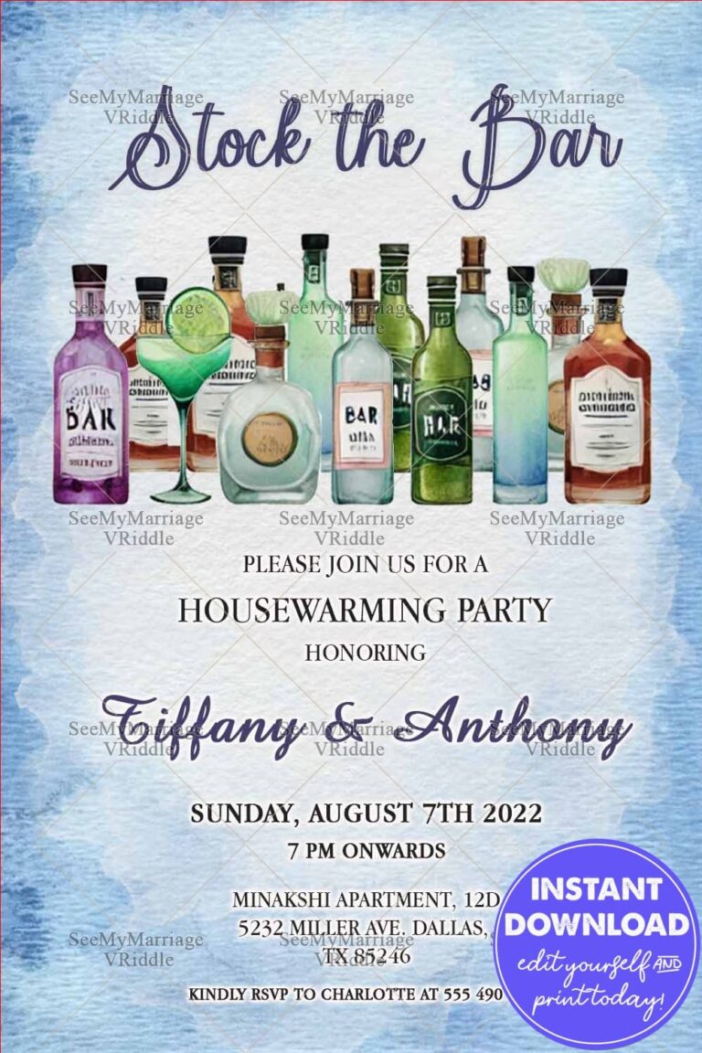 Stock The Bar Housewarming Party Invitation and Cocktail Party with Blue Theme