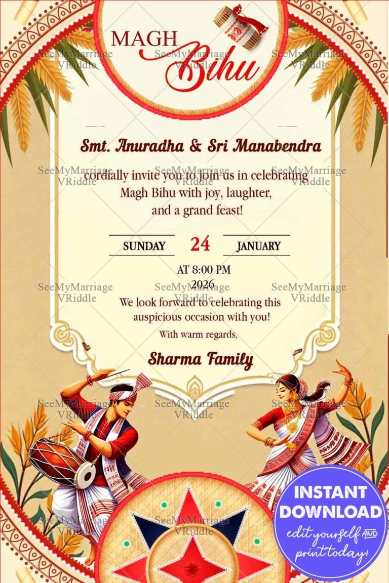 Magh Bihu Invitation Card with Men playing The Dhuliya, woman is dancing and Traditional Assamese Patterns