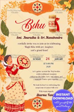 Orange and Yellow Bihu Invitation Card with Woman Holding a Hand-Held Drum, Leaves, Rice Stalks and Flowers