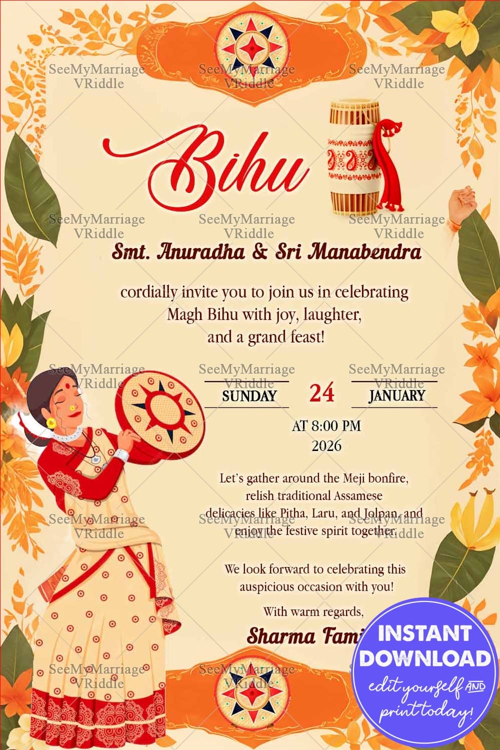 Orange and Yellow Bihu Invitation Card with Woman Holding a Hand-Held Drum, Leaves, Rice Stalks and Flowers