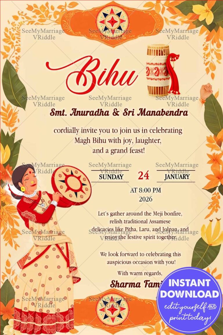 Orange and Yellow Bihu Invitation Card with Woman Holding a Hand-Held Drum, Leaves, Rice Stalks and Flowers