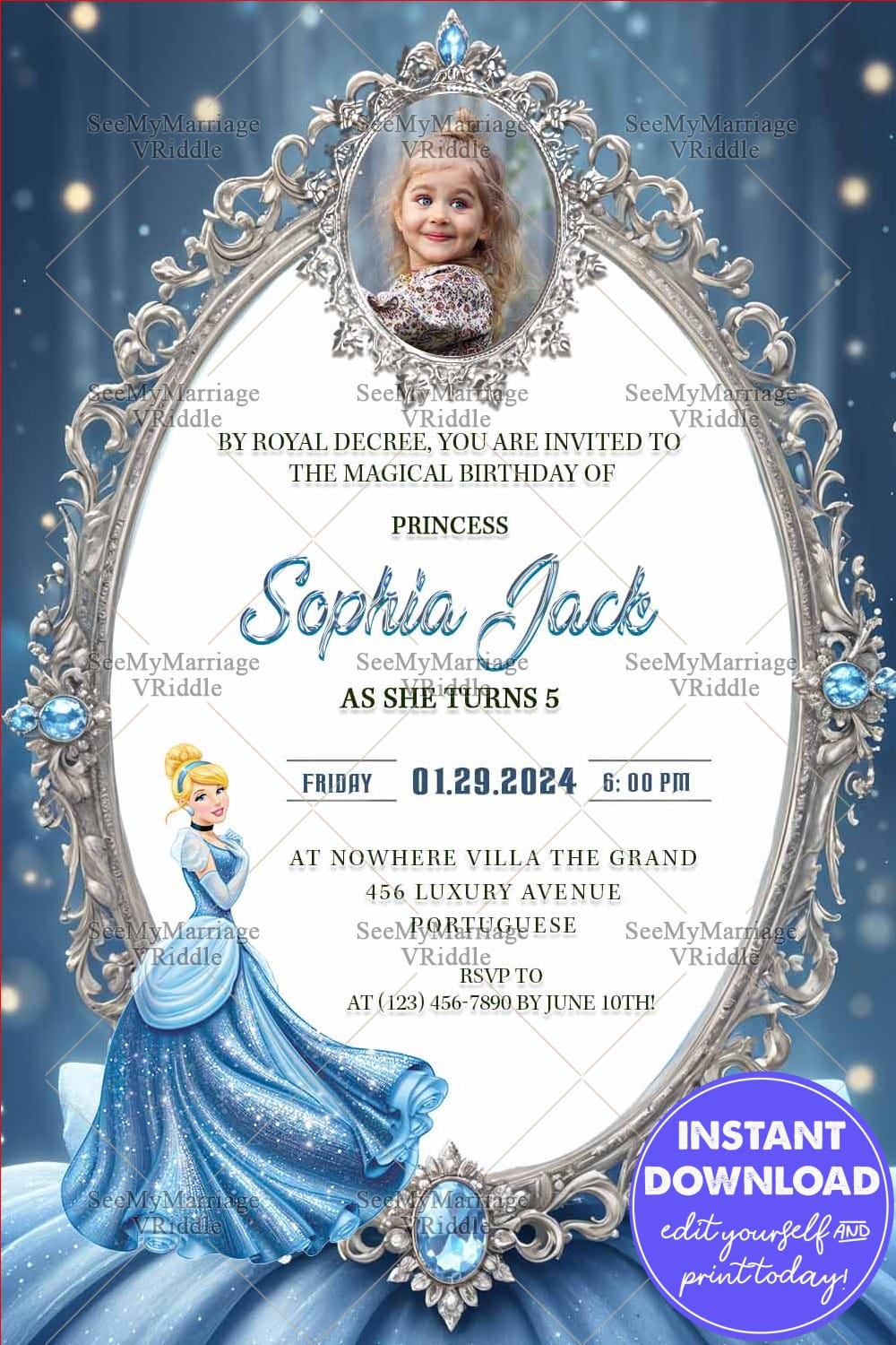 Cinderella Birthday Invitation for a Little Girl with Silver Jewel-Adorned Mirror Frame