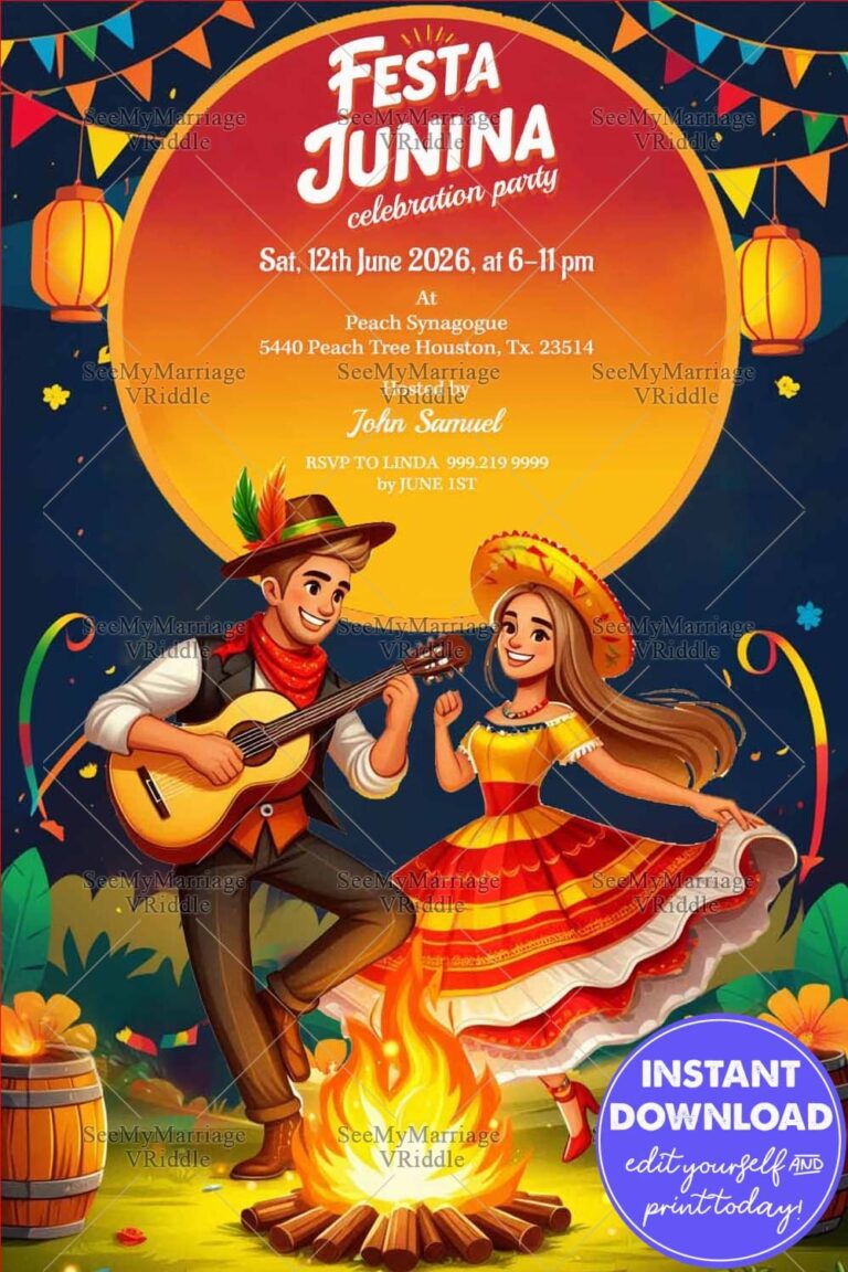 Festa Junina Celebration Party Invitation Card with Men-Women is Dancing and Playing Music, Bonfire, Lanterns, Fireworks