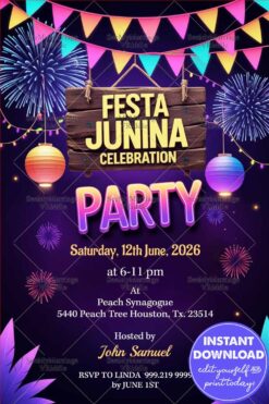 Purple Theme Festa Junina Celebration Party Invitation Card with Lanterns and Fireworks