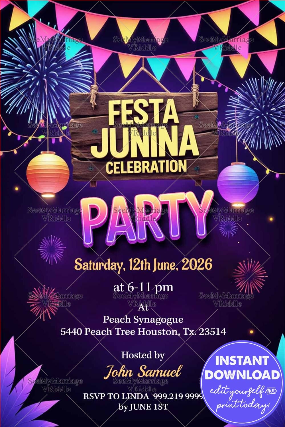 Purple Theme Festa Junina Celebration Party Invitation Card with Lanterns and Fireworks