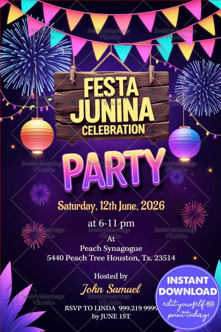 Purple Theme Festa Junina Celebration Party Invitation Card with Lanterns and Fireworks