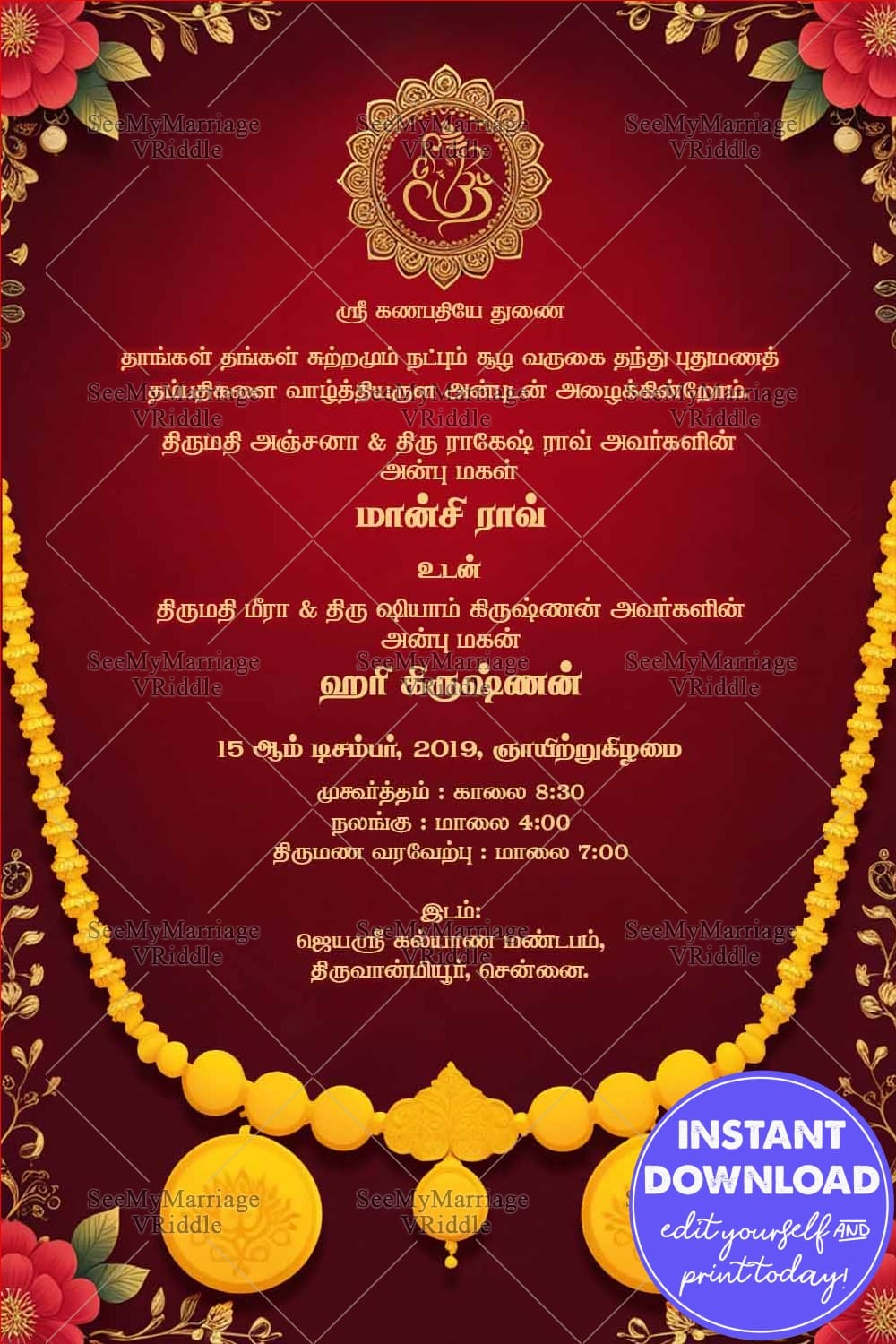 Mangalsutra and Red Theme Tamil Wedding Invitation Card with Floral Accents