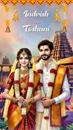 A Divine Union Tamil Wedding Invitation Video with South Indian Couple Illustration and Temple Backdrop