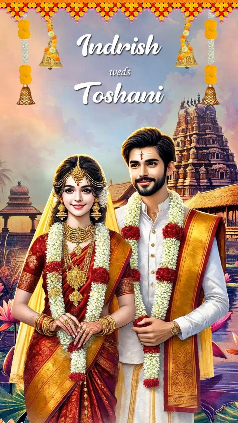 A Divine Union Tamil Wedding Invitation Video with South Indian Couple Illustration and Temple Backdrop
