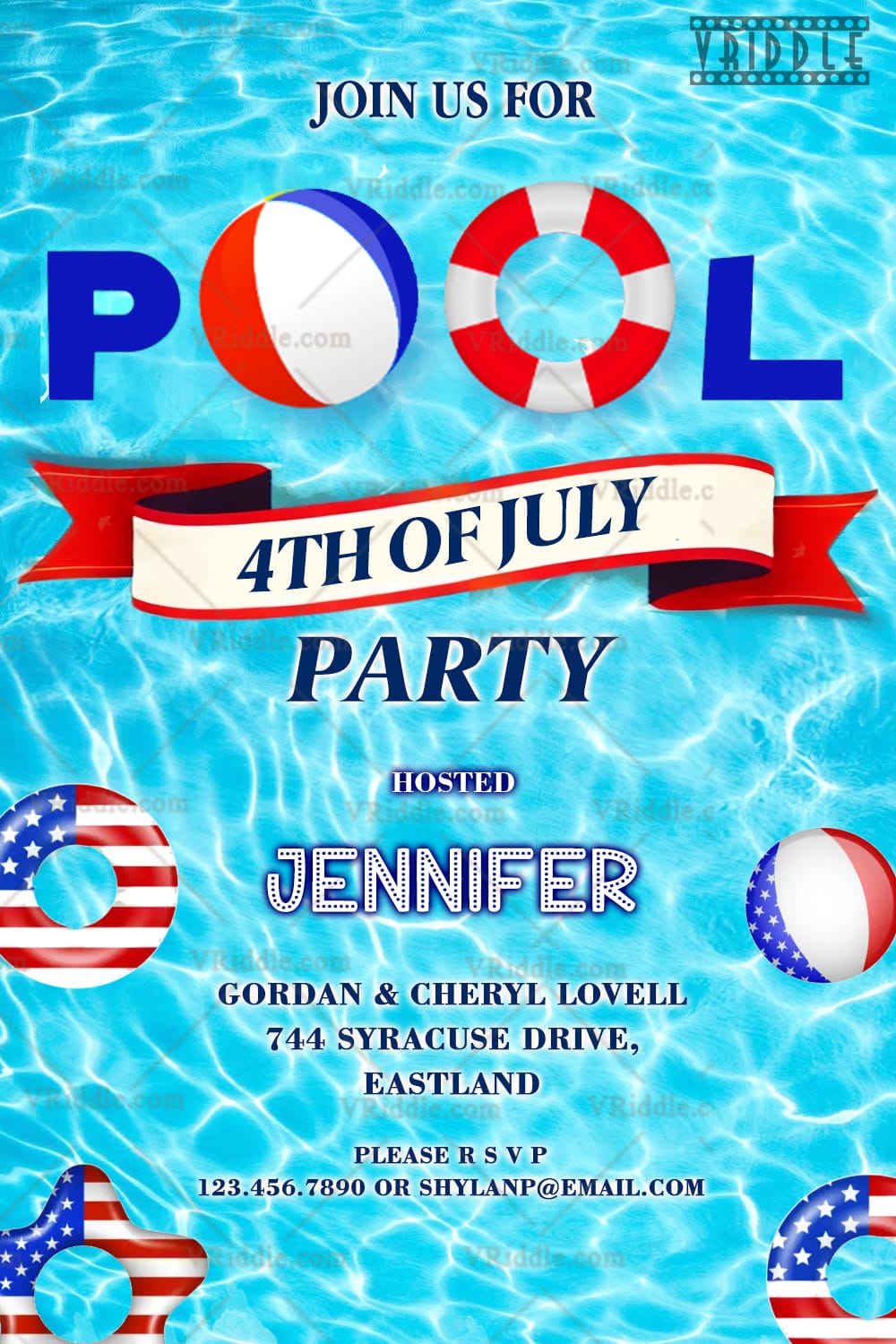 American Flag Themed Floaties Pool Party Invitation Card
