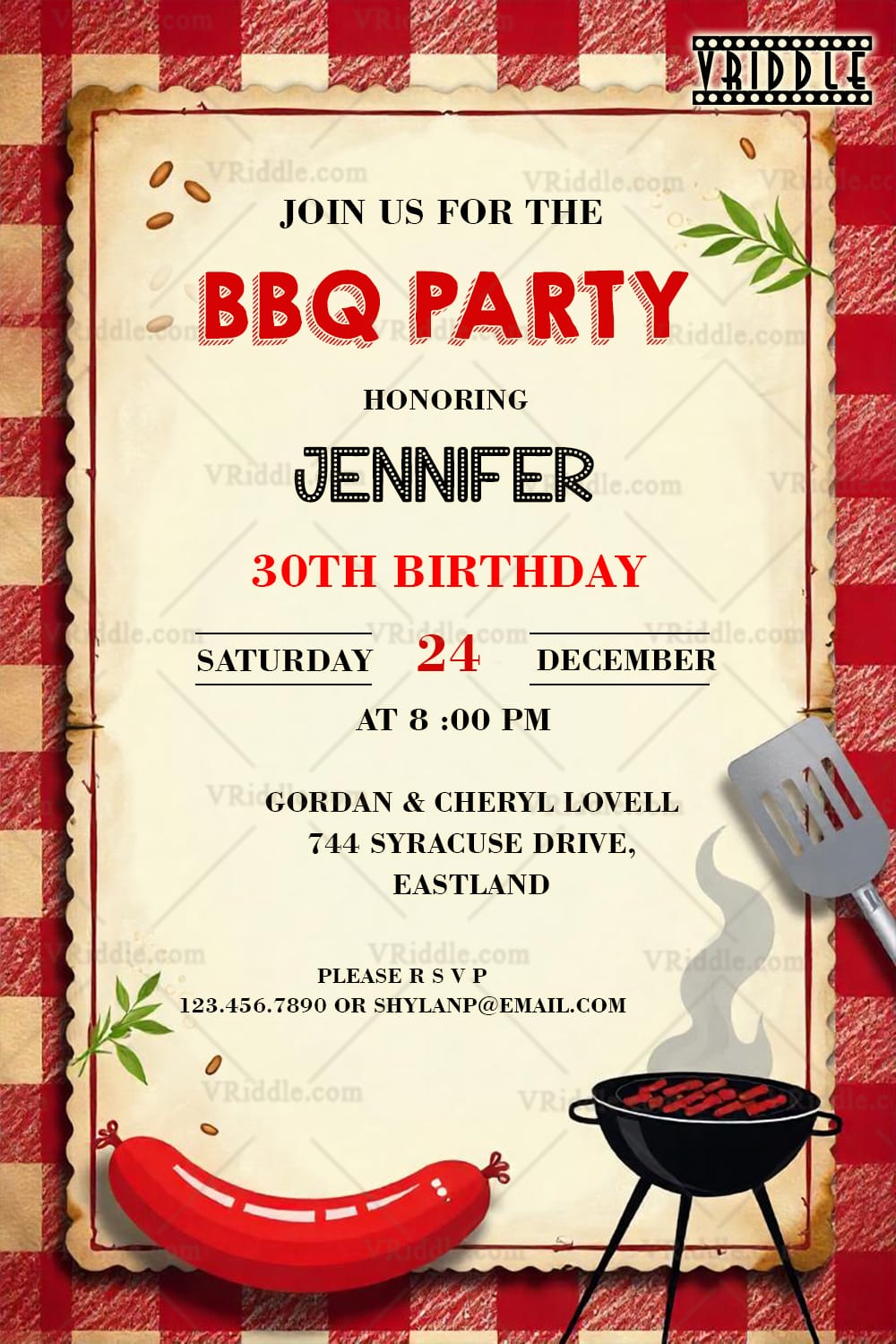 BBQ Party Invitation Card with Red and Gold Theme