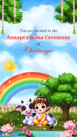 Baby Krishna Theme Annaprashana Ceremony Video with Sitting Beside a Cute Calf, Rainbow and Pond, Pink Lotus