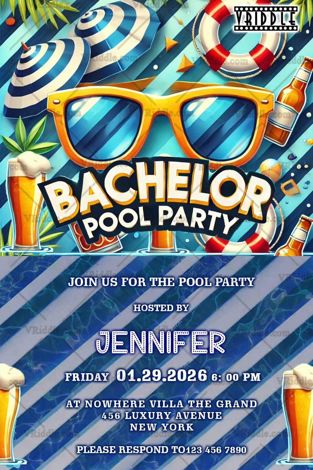 Bachelor Pool Party Invitation Card with Drinks, Umbrellas, Sunglasses and Floating Lifebuoys