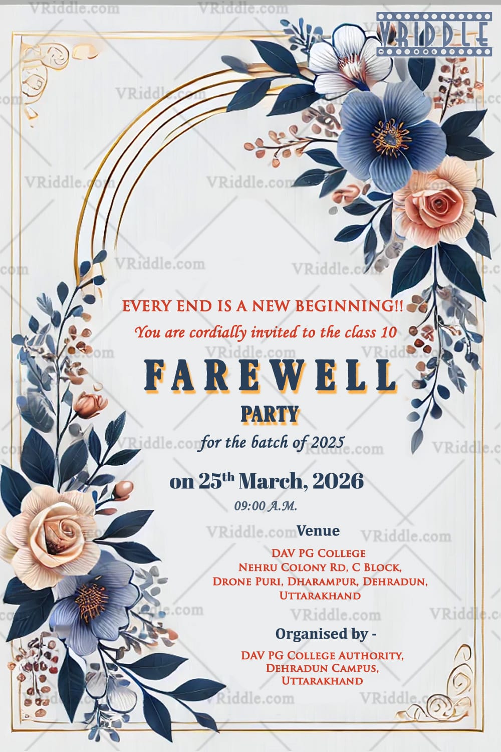 Beige Theme Class Tenth Farewell Party Invitation with Blue Flowers and Floral Accents