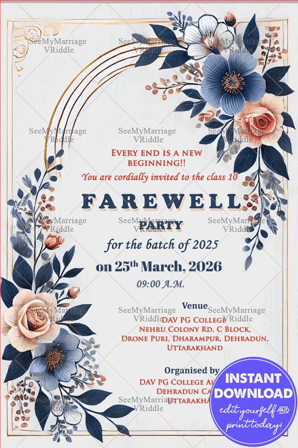 Beige Theme Class Tenth Farewell Party Invitation with Blue Flowers and Floral Accents