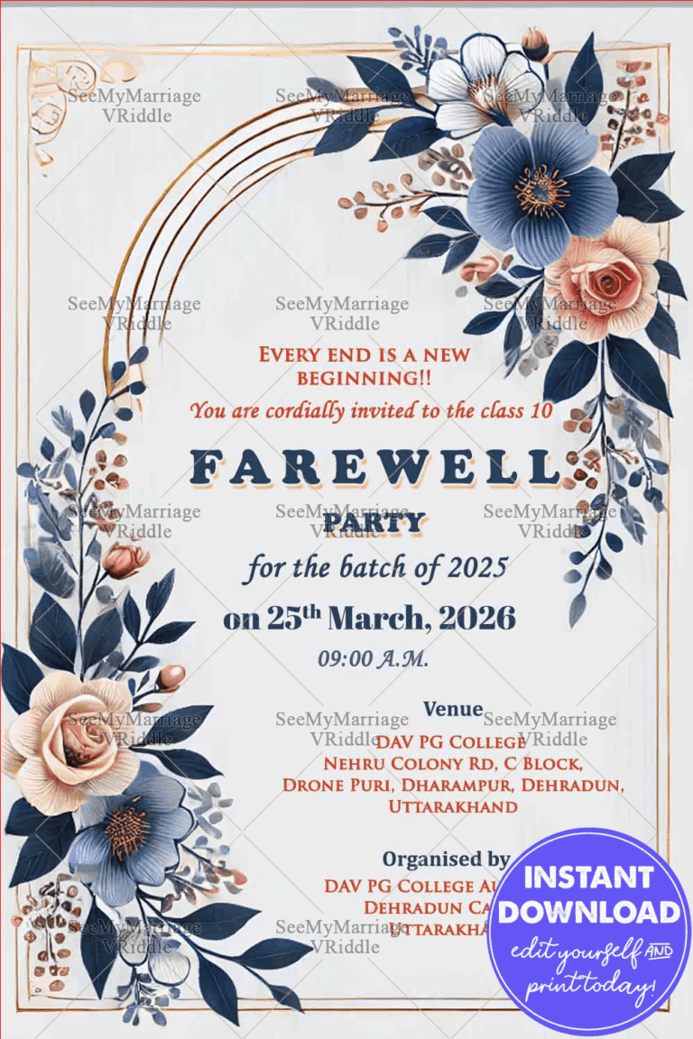 Beige Theme Class Tenth Farewell Party Invitation with Blue Flowers and Floral Accents