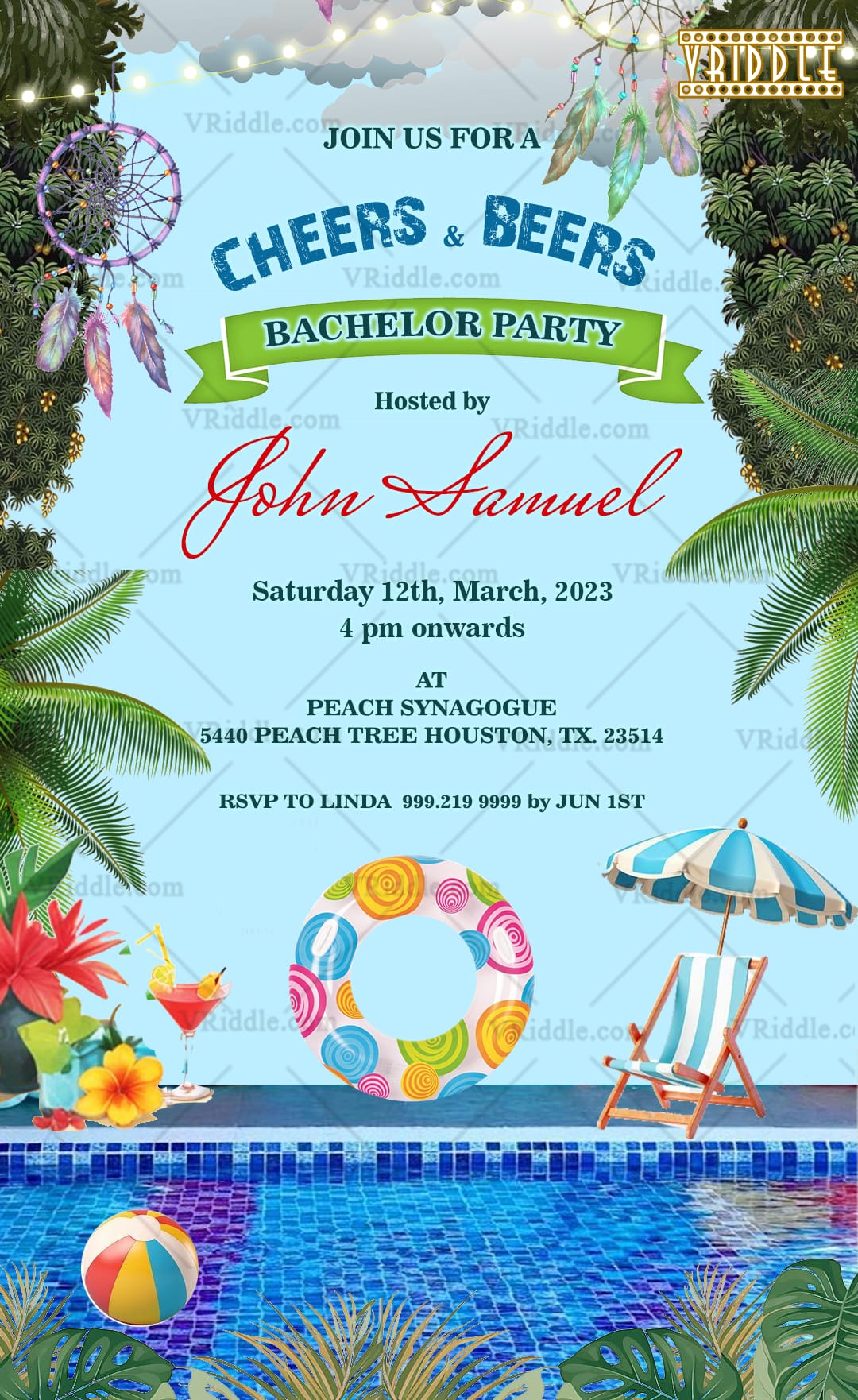 Blue Theme Bachelor Pool Party Invitation with Cher, Leaves and Drinks