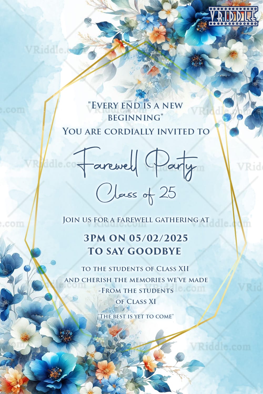 Blue Theme Farewell Party Invitation Card with Flowers