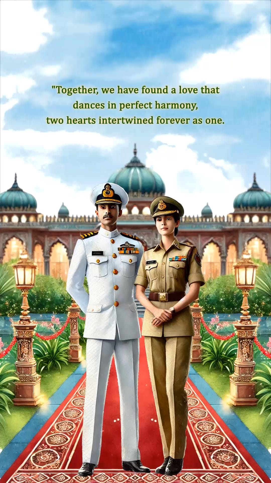 Bride & Groom Dressed in a Navy & Police Uniform Wedding Invitation Video with Caricature Illustration