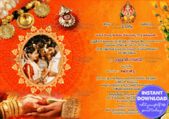 Bride & Groom Holding Hands Telugu Wedding Invitation Card with Add Couples Photos, Mangalsutra and Kumkum Bharani