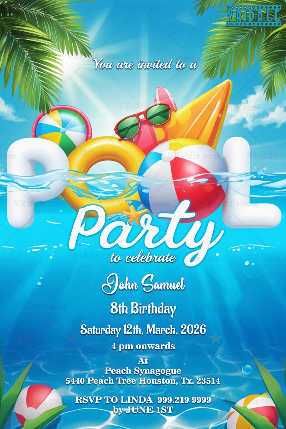 Bright Blue Sky Pool Party and Birthday Invitation with Floating on The water balls and Sunglasses