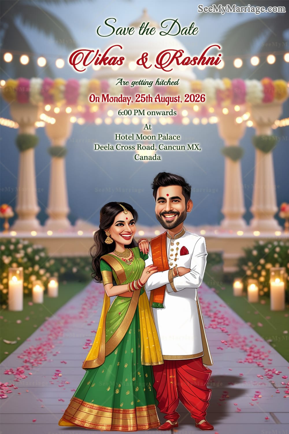Caricature Save the Date Invitation Card with Couple Standing Close Together in a Joyful Pose