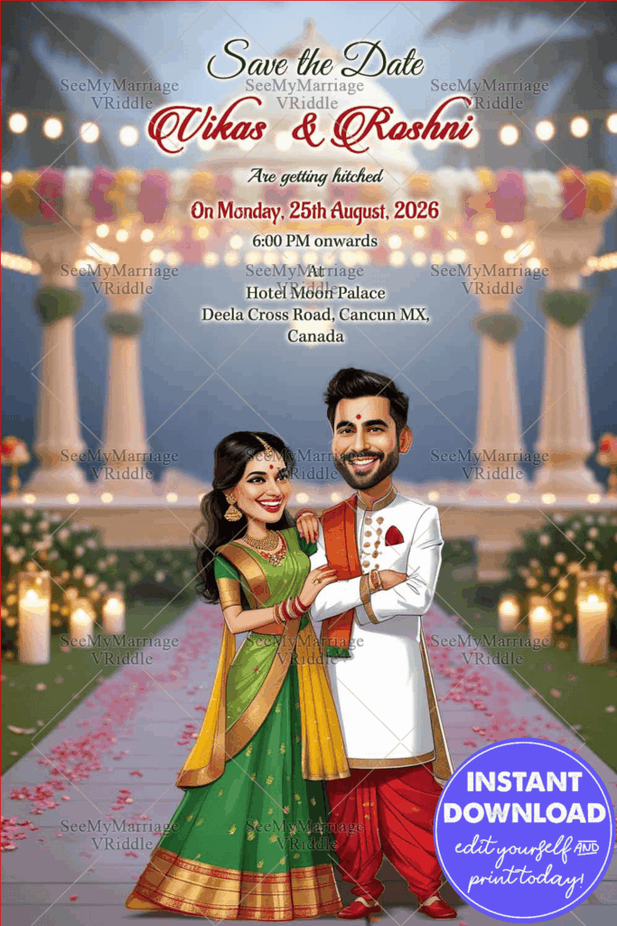 Caricature Save the Date Invitation Card with Couple Standing Close Together in a Joyful Pose