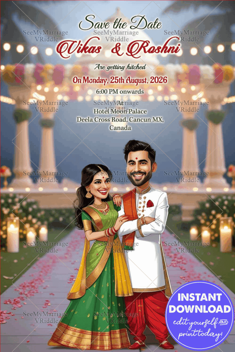 Caricature Save the Date Invitation Card with Couple Standing Close Together in a Joyful Pose