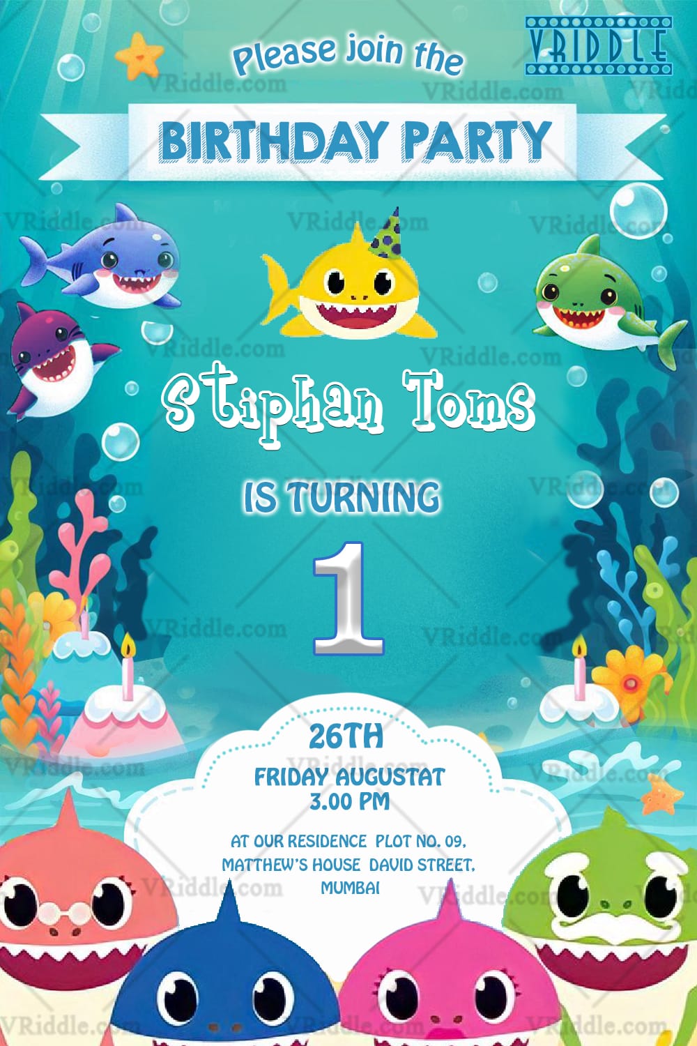 Cartoon Sharks and Ocean Theme for Kids Birthday Party Invitation with Bubbles