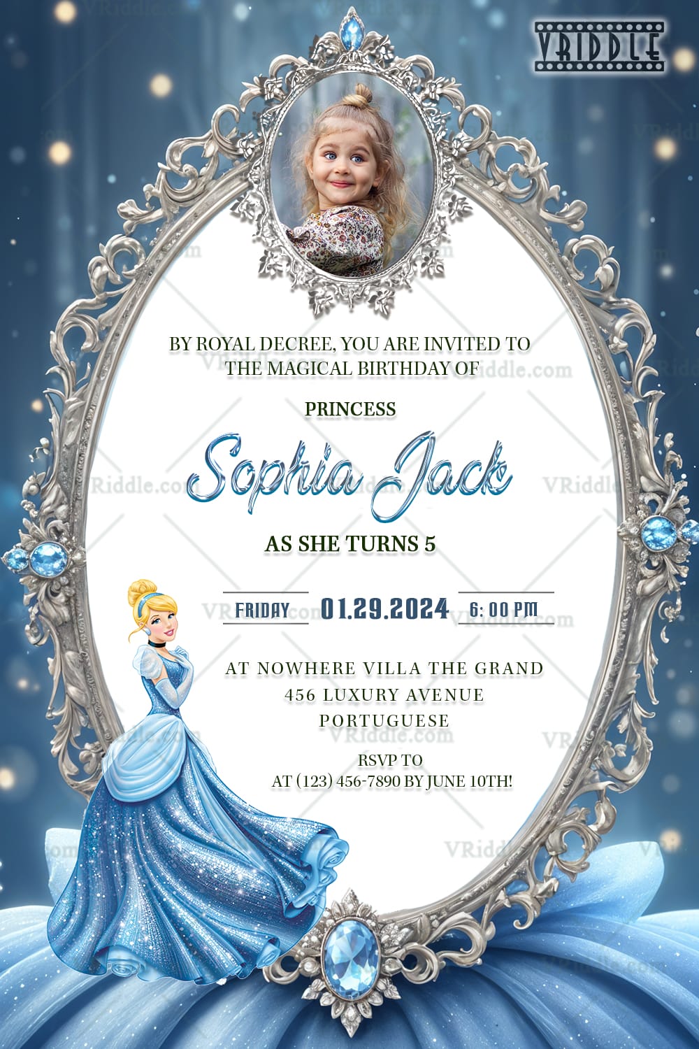 Cinderella Birthday Invitation for a Little Girl with Silver Jewel-Adorned Mirror Frame