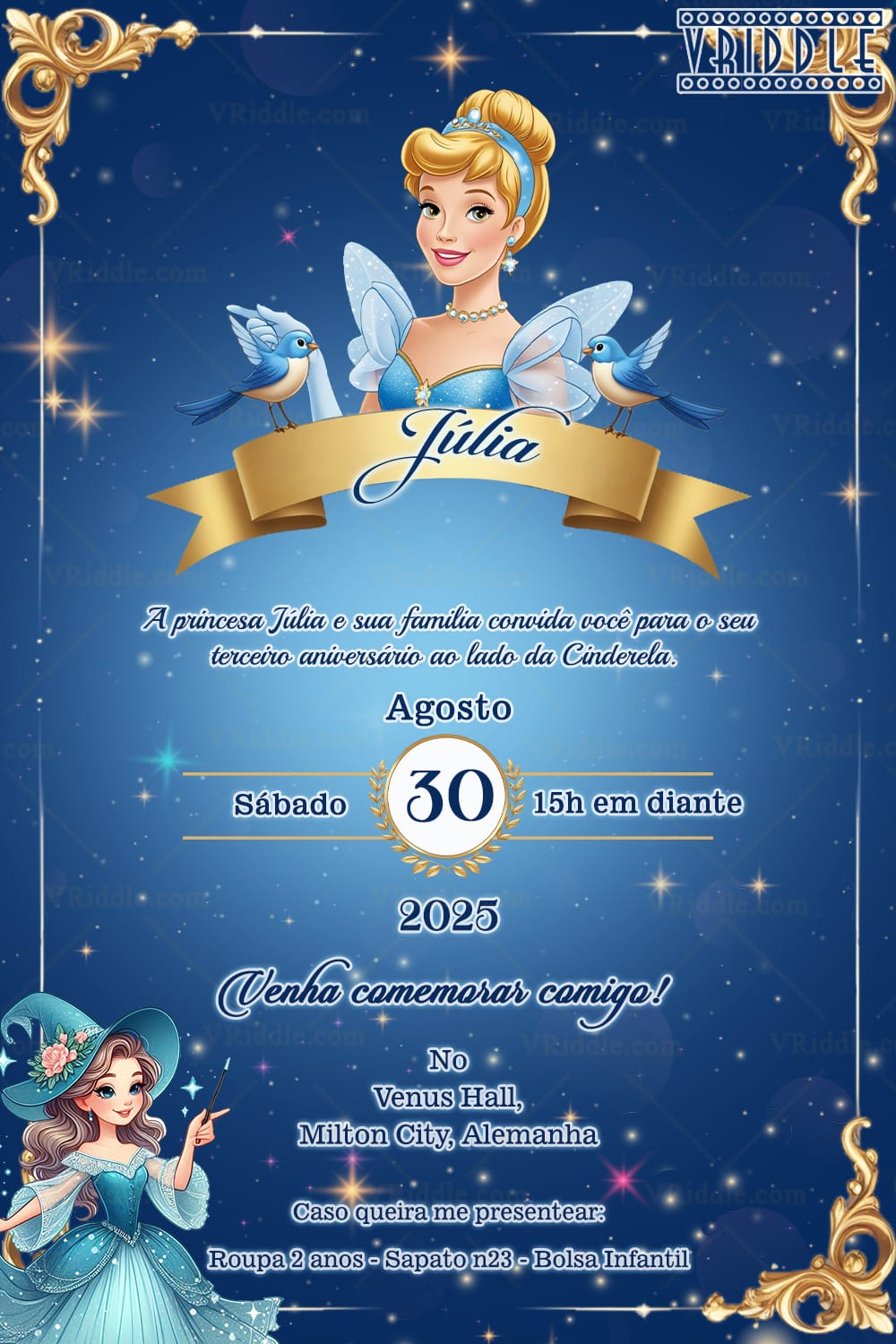 Iconic Blue Dress Portuguese Cinderella Birthday Invitation for a Young Girl with Fairytale Design
