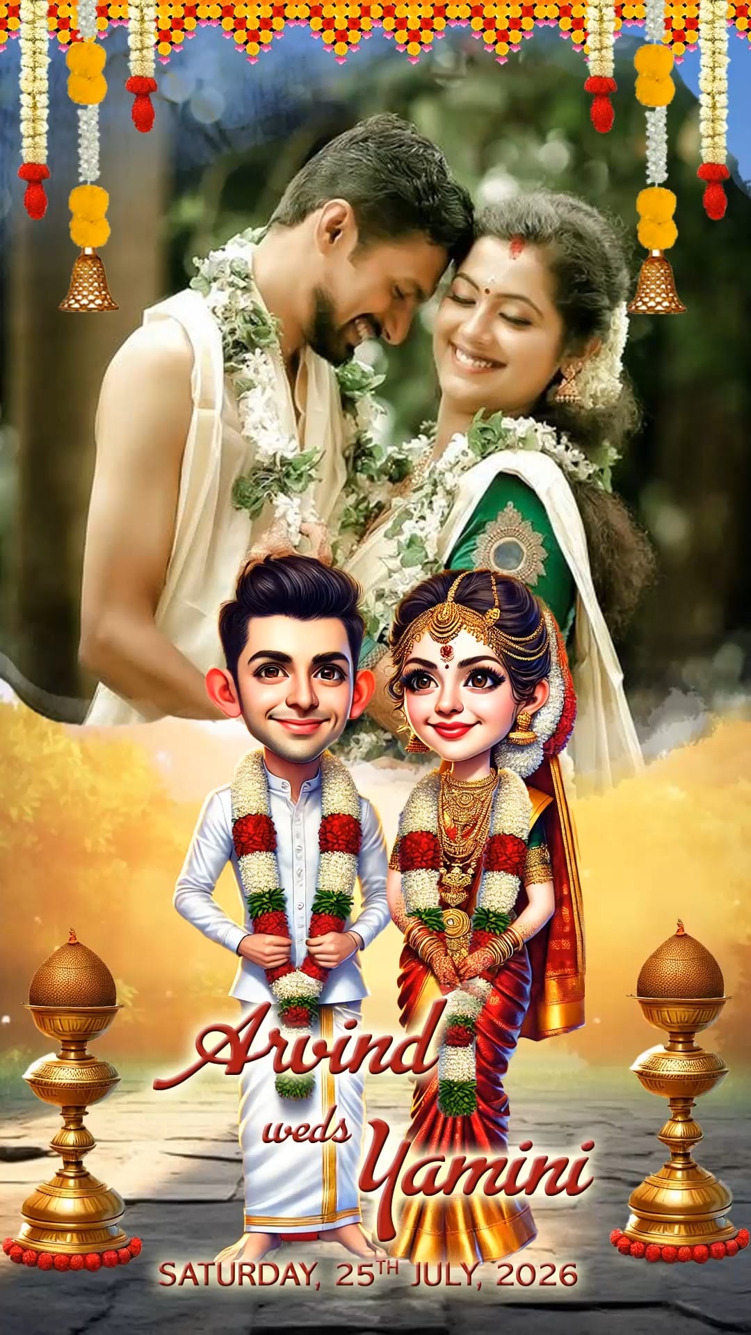 Cinematic Wedding Invitation Video with South Indian Bride & Groom in White and Red Attire and Floral Decor