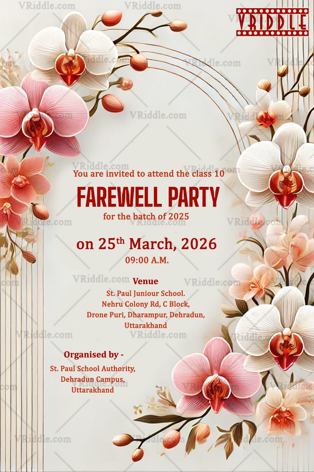 Class Tenth Farewell Party Invitation with Cream Theme and Pink Flowers