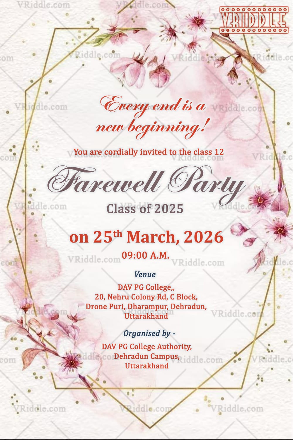 Class Twelfth Farewell Party Invitation with Pink Cherry Blossoms