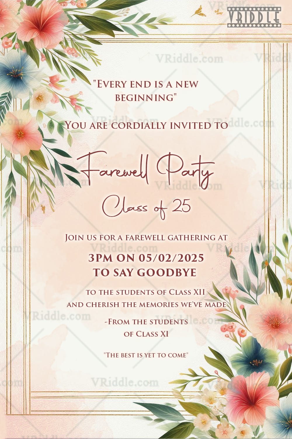 Class Twelve Farewell Party Invitation with Watercolor Background and Florals