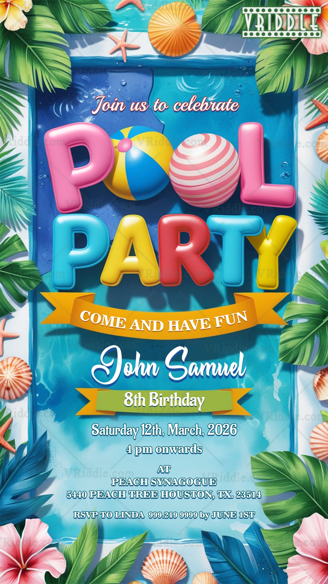 Colorful 3D Pool Party and Birthday Invitation with Balls, Seashells, Tropical Leaves and Starfish