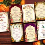 Cream Colored Themed & Peacock Hindi Wedding Invitations Set with Bride & Groom Art