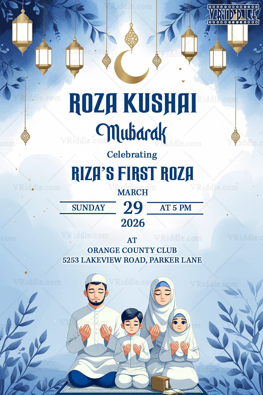 Roza Khushai Mubarak Invitation with Family is Praying Together, Blue-White Theme and Lanterns