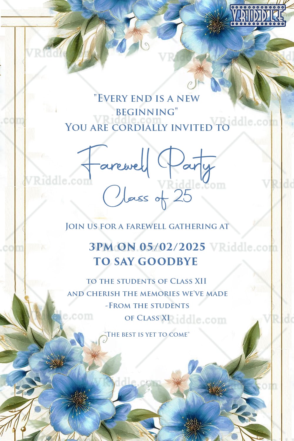 Farewell Party Invitation Card with Blue Flowers and Green Leaves