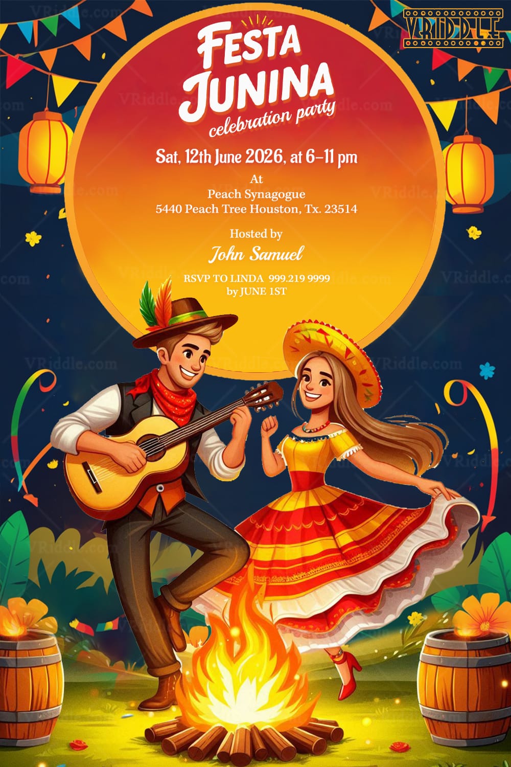 Festa Junina Celebration Party Invitation Card with Men-Women is Dancing and Playing Music, Bonfire, Lanterns, Fireworks