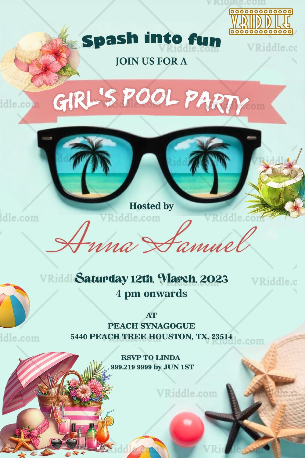 Girl’s Pool Party Invitation with Sunglasses, Coconut Drink, Balls and Basket