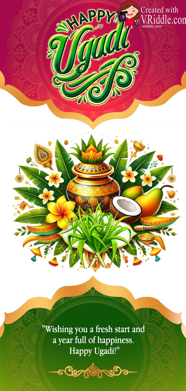 Golden Kalash Festive Ugadi Greeting Banner with Coconut and Mangos