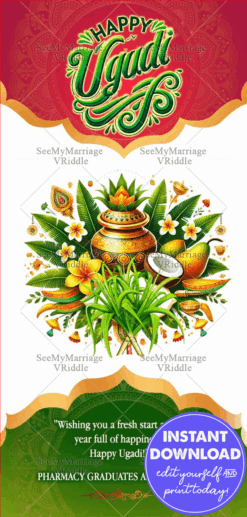 Golden Kalash Festive Ugadi Greeting Banner with Coconut and Mangos
