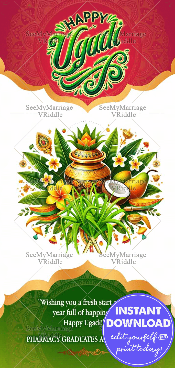 Golden Kalash Festive Ugadi Greeting Banner with Coconut and Mangos