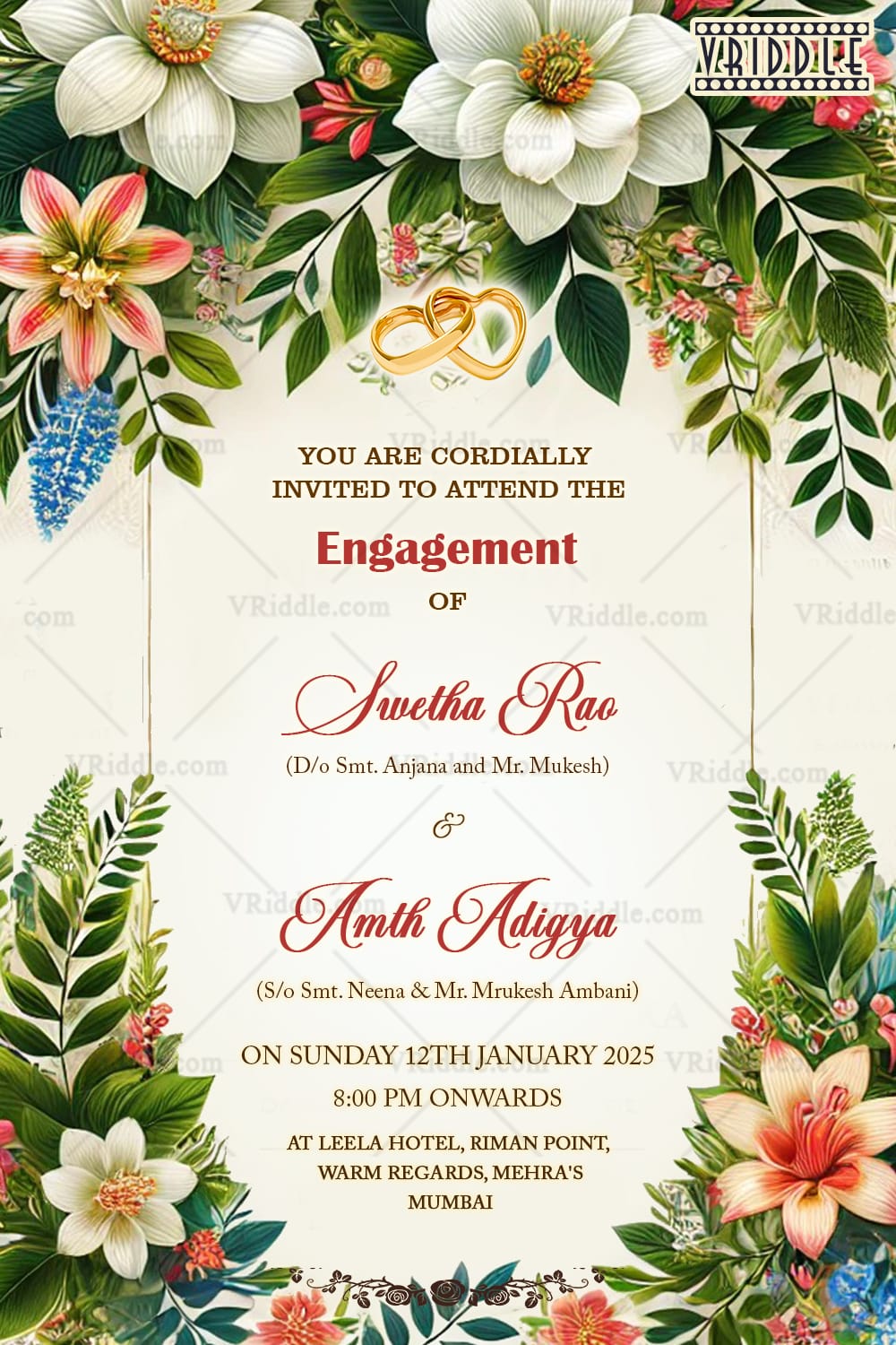 Golden Rings and Greenery Engagement Invitation Card with White-Pink Flowers and Elegantly Designed