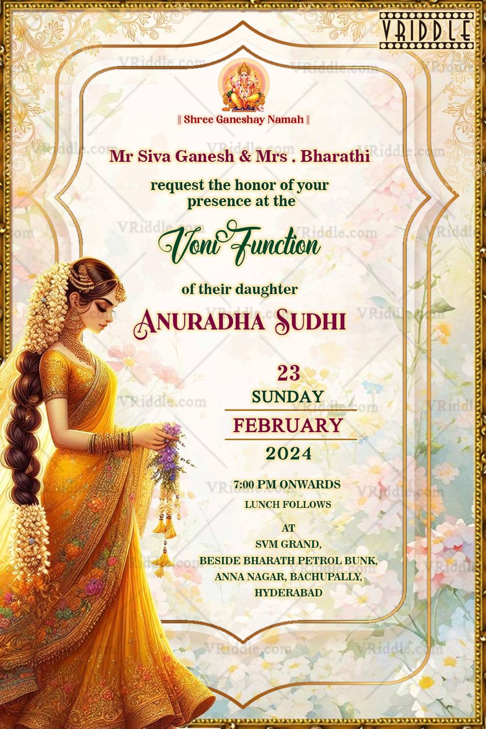 Golden-Yellow Saree and Floral Theme Voni Function Invitation with Illustration of a Young Woman