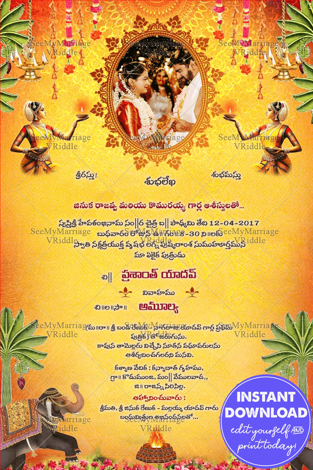 Golden-Yellow Theme Telugu Wedding Invitation Card with Add Couple Photo, Floral and Elephants